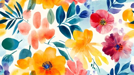 Watercolor floral seamless pattern with colorful flowers and leaves on white background