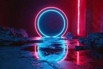 Canvas Print - Glowing neon circles reflecting in water