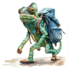 This fun cartoon character of a green Chameleon is seen walking on two legs while wearing a big blue backpack, pants, and boots, all against a white background.