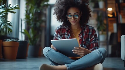 Leinwandbilder - Young casual business woman sitting on the floor using stylus pen and digital tablet working on laptop computer at home office Female student online studying Elearning : Generative AI