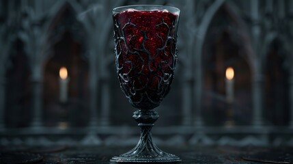 Poster - Mysterious dark glass goblet filled with red liquid