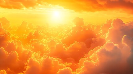 Poster - Colorful orange sky at golden hour morning and fluffy clouds with yellow sunlight panoramic nature phenomenon background : Generative AI