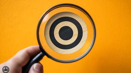 Poster - Hand holding target board inside vintage magnifying glass for focus business objective on orange background and copy space Search goal strategy success successful marketing strategy go : Generative AI