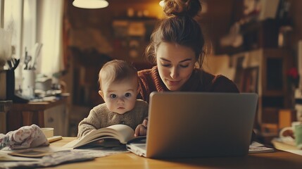Poster - Mother baby and book with laptop for remote work at kitchen for reading ideas or editing in family home Woman infant and computer for creativity in notes freelance or thinking for medi : Generative AI