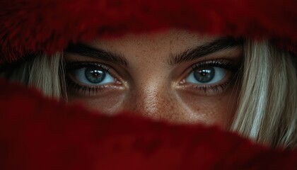 Poster - Mysterious blue eyes peering through red fabric