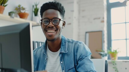 A smiling young man in glasses and a denim shirt is sitting in the office at a desk working and talking on a video call online : Generative AI