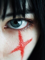 Poster - Dramatic close-up of a crying eye with red tears