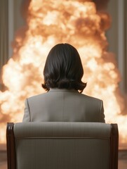 Canvas Print - business person in suit facing explosion