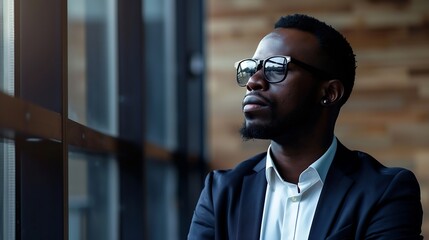 Canvas Print - African businessman thinking about work while standing in an office : Generative AI