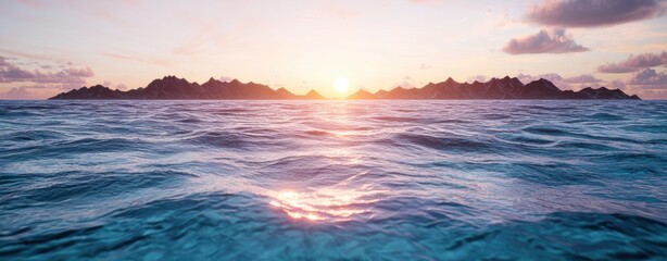 Poster - Stunning sunset over the ocean with majestic mountains in the distance