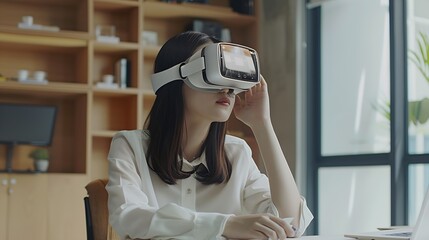 Asian woman wearing virtual reality glasses sitting at a desk in a workspace inside the office businesswoman in online meeting talking remotely with colleagues virtual meeting simulati : Generative AI