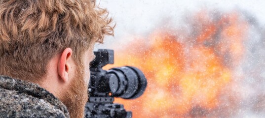 Poster - man filming with camera in snowy winter landscape