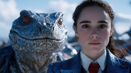 young woman with blue reptile creature