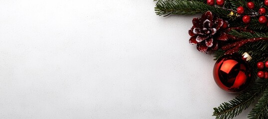 Canvas Print - festive christmas holiday background with pine branches, ornaments, and berries