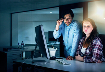 Aufkleber - Business, people and portrait at night on computer at office with deadline, overtime and project as software developer. Employees, coworking and confident with programming or application design
