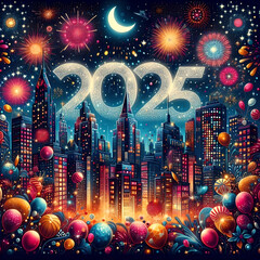 Wall Mural - A vibrant scene celebrating the arrival of the New Year 2025, with bright fireworks and a festive atmosphere. 