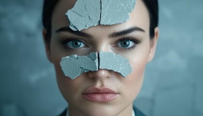 Poster - Cracked face of woman with intense blue eyes