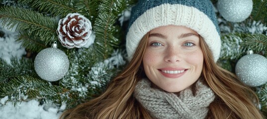 Canvas Print - smiling woman in winter clothing near christmas decorations