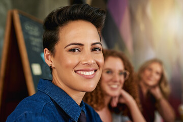 Fototapete - Portrait, smile and woman in office, creative and confident for meeting, ambitious and producer in business. Happy, person and team for event planning, venue selection and collaboration for budget