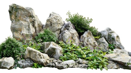 Aufkleber - Stone garden decoration and shrubs isolated on white background with clipping path Rock landscaping among the flowering bush : Generative AI