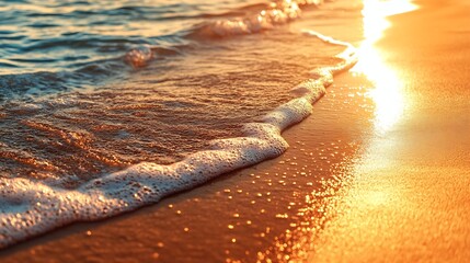 Closeup sea sand beach Panoramic beach landscape Inspire tropical beach seascape horizon Orange and golden sunset sky calmness tranquil relaxing sunlight summer mood Vacation travel ho : Generative AI