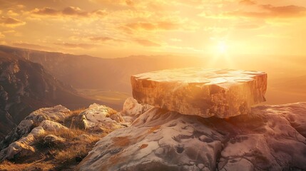 Rock Stone Podium on sunset Sky Background Rock podium outdoor with orange sunlight sky well space for Display Product banner background : Generative AI