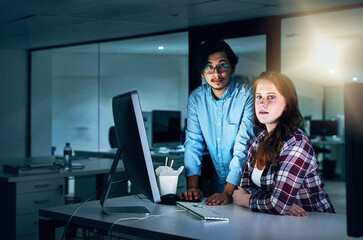 Aufkleber - Business, people and confident at night on computer at office with deadline, overtime and project. Employees, coworking and serious with programming or developing software with teamwork on portrait