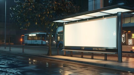 Poster - Concept of digital marketing in the city Advertising billboard with white empty canvas on bus shelters with protective glass Citylight on public transport stop : Generative AI
