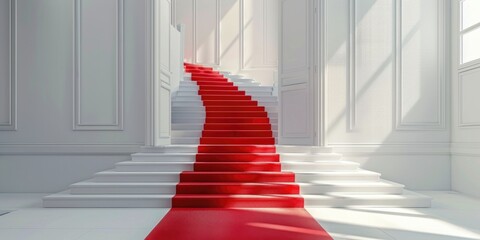 A red carpet in a white interior with stairs ascending to the second level and an open door to the right