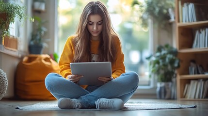 Aufkleber - Young casual business woman sitting on the floor using stylus pen and digital tablet working on laptop computer at home office Female student online studying Elearning : Generative AI