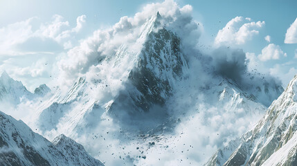 Snow-capped mountain peak collapsing in a dramatic landslide, bright daylight, wide-angle shot, powerful and dynamic, natural disaster realism. Realism. Illustration