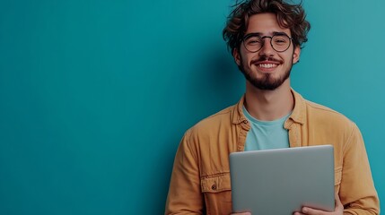 Happy young man holding his laptop computer looking aside at copy space on blue studio background Positive freelancer guy advertising online job offer Internet technology gadgets Panor : Generative AI