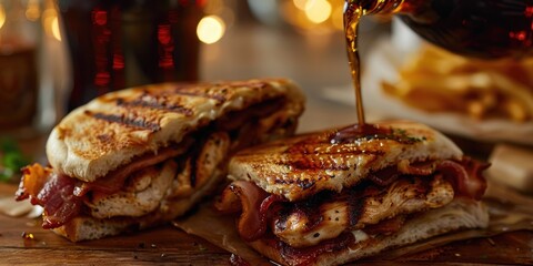 Close up of two grilled chicken and bacon panini wraps with a glass of cola being poured in the background