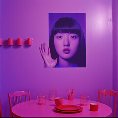 Wall Mural - A purple room with an empty table and chairs features a picture of a K-pop girl idol on the wall.



