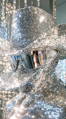 Wall Mural - Surreal photo of Shiny man with silver disco cowboy hat made of disco balls. Minimalist creative fashion and party concept with copy space, flat lay.