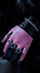 Wall Mural - A luxurious  post showcases pink gloves with black fur sleeves and rings, adorned with jewelry and long nails.