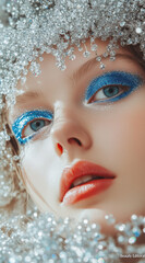 Wall Mural - image of a beautiful woman wearing a silver beaded headdress and blue eyeshadow.