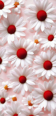 Wall Mural - A white background features white daisies with red centers, white petals, and a pink velvet pattern.



