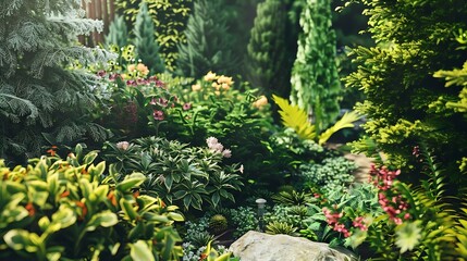 Wall Mural - Cozy corner of summer garden in mountain where mixed different deciduous and coniferous plants with various textures and colors of foliage Landscaping or horticulture gardening concept : Generative AI