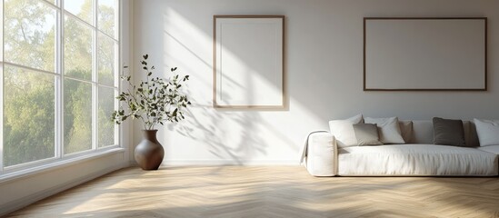 Concept of a bright Scandinavian living room featuring a sofa a vase on a wooden floor and artwork on a spacious wall with a scenic view visible through a window 3D rendering