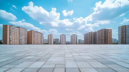 Poster - Empty square floors and residential area buildings under blue sky : Generative AI