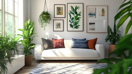 Concept of a bright Scandinavian living room featuring a cozy sofa greenery and artwork displayed on a spacious wall complemented by a serene white landscape visible through the window 3D visualiza