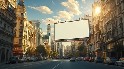 Poster - Blank advertising billboard mockup on a sunny street in madridsurrounded by historic architecture and urban traffic : Generative AI