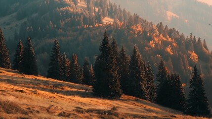 Canvas Print - coniferous forest on the hill and meadow at sunset beautiful nature landscape in evening light : Generative AI