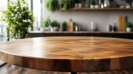 Wall Mural - Empty beautiful round wood tabletop counter on interior in clean and bright kitchen  background Ready for display Banner for product montage : Generative AI