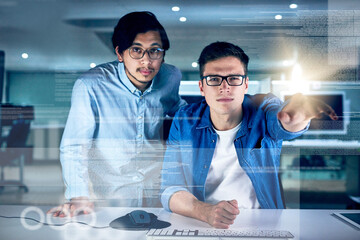 Leinwandbilder - Portrait, men and coding overlay at night for data developing, software programmer and digital interface. People, it and futuristic hub with dashboard programming, high tech and computing deadline