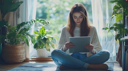 Aufkleber - Young casual business woman sitting on the floor using stylus pen and digital tablet working on laptop computer at home office Female student online studying Elearning : Generative AI