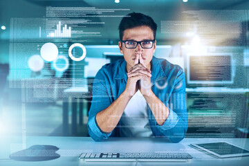 Fototapete - Man, computer engineer and portrait with overlay, thinking or and training code in market analysis. Data scientist, technology and blockchain for metrics, futuristic network or digital transformation