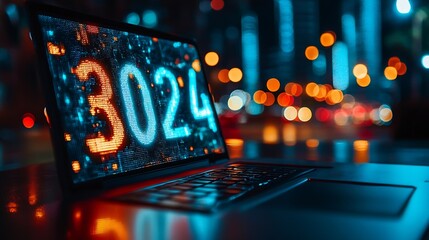 Leinwandbilder - Changes in new planning Hand using laptop with number 2024 new year start new year concept digital trendsindustry and business trend strategy investment business planning and happy new : Generative AI
