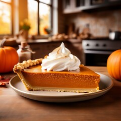 Slice of a Pumpkin pie with whip cream on top, close up